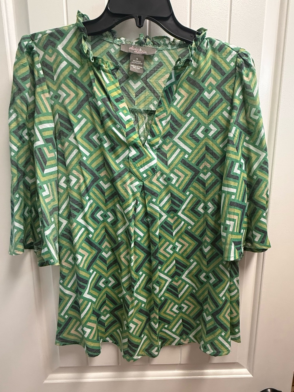 Olivia & Martin Green Geometric Ruffle Tunic Blouse Women’s Small NWOT BOHO